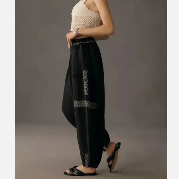 NEW Anthropologie M Embroidered Parachute Pants size M Black Linen Nwt 148$ - Picture 3 of 5